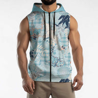 Blue Palaka Crane and Flowers Sleeveless Zip Hoodie Japan Heritage Spirit - Polynesian Pride