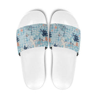 Blue Palaka Crane and Flowers Slide Sandals Japan Heritage Spirit LT9 Blue - Polynesian Pride