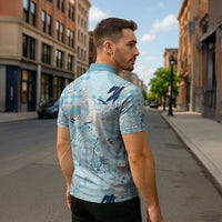 Blue Palaka Crane and Flowers Zipper Polo Shirt Japan Heritage Spirit - Polynesian Pride