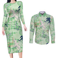 Green Palaka Crane and Flowers Couples Matching Long Sleeve Bodycon Dress and Long Sleeve Button Shirt Japan Heritage Spirit LT9 Green - Polynesian Pride
