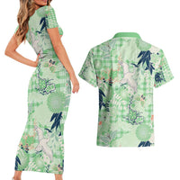 Green Palaka Crane and Flowers Couples Matching Short Sleeve Bodycon Dress and Hawaiian Shirt Japan Heritage Spirit LT9 - Polynesian Pride