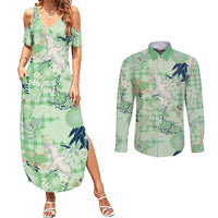 Green Palaka Crane and Flowers Couples Matching Summer Maxi Dress and Long Sleeve Button Shirt Japan Heritage Spirit LT9 Green - Polynesian Pride