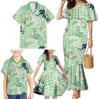 Green Palaka Crane and Flowers Family Matching Mermaid Dress and Hawaiian Shirt Japan Heritage Spirit LT9 - Polynesian Pride