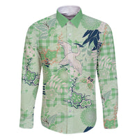 Green Palaka Crane and Flowers Family Matching Off The Shoulder Long Sleeve Dress and Hawaiian Shirt Japan Heritage Spirit LT9 Dad's Shirt - Long Sleeve Green - Polynesian Pride