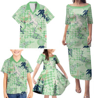 Green Palaka Crane and Flowers Family Matching Puletasi and Hawaiian Shirt Japan Heritage Spirit LT9 - Polynesian Pride