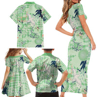 Green Palaka Crane and Flowers Family Matching Short Sleeve Bodycon Dress and Hawaiian Shirt Japan Heritage Spirit LT9 - Polynesian Pride