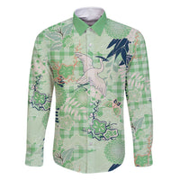 Green Palaka Crane and Flowers Family Matching Summer Maxi Dress and Hawaiian Shirt Japan Heritage Spirit LT9 Dad's Shirt - Long Sleeve Green - Polynesian Pride