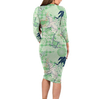 Green Palaka Crane and Flowers Long Sleeve Bodycon Dress Japan Heritage Spirit - Polynesian Pride