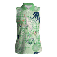 Green Palaka Crane and Flowers Women Sleeveless Polo Shirt Japan Heritage Spirit LT9 Female Green - Polynesian Pride