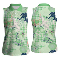Green Palaka Crane and Flowers Women Sleeveless Polo Shirt Japan Heritage Spirit LT9 - Polynesian Pride