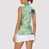 Green Palaka Crane and Flowers Women Sleeveless Polo Shirt Japan Heritage Spirit LT9 - Polynesian Pride