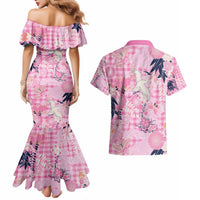 Pink Palaka Crane and Flowers Couples Matching Mermaid Dress and Hawaiian Shirt Japan Heritage Spirit LT9 - Polynesian Pride