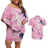 Pink Palaka Crane and Flowers Couples Matching Off Shoulder Short Dress and Hawaiian Shirt Japan Heritage Spirit LT9 Pink - Polynesian Pride