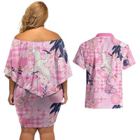 Pink Palaka Crane and Flowers Couples Matching Off Shoulder Short Dress and Hawaiian Shirt Japan Heritage Spirit LT9 - Polynesian Pride