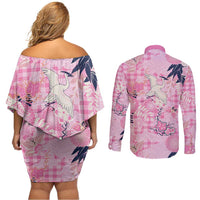 Pink Palaka Crane and Flowers Couples Matching Off Shoulder Short Dress and Long Sleeve Button Shirt Japan Heritage Spirit LT9 - Polynesian Pride