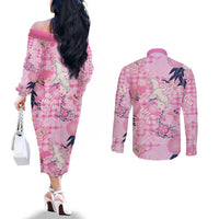 Pink Palaka Crane and Flowers Couples Matching Off The Shoulder Long Sleeve Dress and Long Sleeve Button Shirt Japan Heritage Spirit LT9 - Polynesian Pride