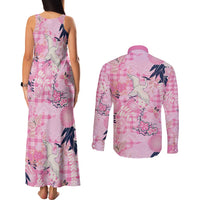 Pink Palaka Crane and Flowers Couples Matching Tank Maxi Dress and Long Sleeve Button Shirt Japan Heritage Spirit LT9 - Polynesian Pride