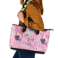 Pink Palaka Crane and Flowers Leather Tote Bag Japan Heritage Spirit LT9 Pink - Polynesian Pride