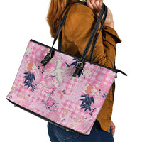 Pink Palaka Crane and Flowers Leather Tote Bag Japan Heritage Spirit LT9 - Polynesian Pride