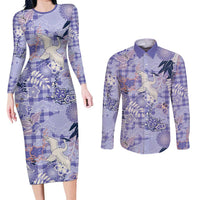 Purple Palaka Crane and Flowers Couples Matching Long Sleeve Bodycon Dress and Long Sleeve Button Shirt Japan Heritage Spirit LT9 Purple - Polynesian Pride