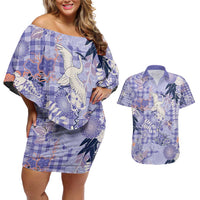Purple Palaka Crane and Flowers Couples Matching Off Shoulder Short Dress and Hawaiian Shirt Japan Heritage Spirit LT9 Purple - Polynesian Pride