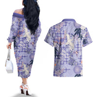 Purple Palaka Crane and Flowers Couples Matching Off The Shoulder Long Sleeve Dress and Hawaiian Shirt Japan Heritage Spirit LT9 - Polynesian Pride