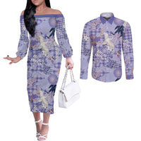 Purple Palaka Crane and Flowers Couples Matching Off The Shoulder Long Sleeve Dress and Long Sleeve Button Shirt Japan Heritage Spirit LT9 Purple - Polynesian Pride