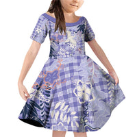 Purple Palaka Crane and Flowers Family Matching Off Shoulder Short Dress and Hawaiian Shirt Japan Heritage Spirit LT9 Daughter's Dress Purple - Polynesian Pride