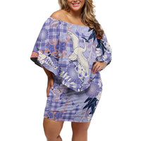 Purple Palaka Crane and Flowers Family Matching Off Shoulder Short Dress and Hawaiian Shirt Japan Heritage Spirit LT9 Mom's Dress Purple - Polynesian Pride