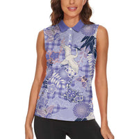 Purple Palaka Crane and Flowers Women Sleeveless Polo Shirt Japan Heritage Spirit LT9 - Polynesian Pride