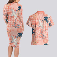 Red Palaka Crane and Flowers Couples Matching Long Sleeve Bodycon Dress and Hawaiian Shirt Japan Heritage Spirit LT9 - Polynesian Pride