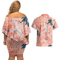 Red Palaka Crane and Flowers Couples Matching Off Shoulder Short Dress and Hawaiian Shirt Japan Heritage Spirit LT9 - Polynesian Pride
