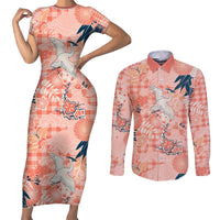 Red Palaka Crane and Flowers Couples Matching Short Sleeve Bodycon Dress and Long Sleeve Button Shirt Japan Heritage Spirit LT9 Red - Polynesian Pride