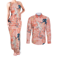 Red Palaka Crane and Flowers Couples Matching Tank Maxi Dress and Long Sleeve Button Shirt Japan Heritage Spirit - Polynesian Pride