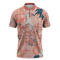 Red Palaka Crane and Flowers Zipper Polo Shirt Japan Heritage Spirit - Polynesian Pride