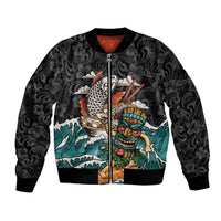 Personalized Japanese Koi Fish Ramen Bomber Jacket Tiki Surfing Wagara Hibiscus Pattern