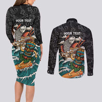 Personalized Japanese Koi Fish Ramen Couples Matching Long Sleeve Bodycon Dress and Long Sleeve Button Shirt Tiki Surfing Wagara Hibiscus Pattern