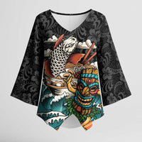 Personalized Japanese Koi Fish Ramen Kimono Sleeve Blouse Tiki Surfing Wagara Hibiscus Pattern