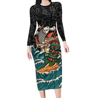 Personalized Japanese Koi Fish Ramen Long Sleeve Bodycon Dress Tiki Surfing Wagara Hibiscus Pattern