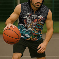 Personalized Japanese Koi Fish Ramen Sleeveless Zip Hoodie Tiki Surfing Wagara Hibiscus Pattern