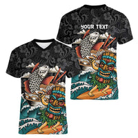 Personalized Japanese Koi Fish Ramen Women V-Neck T-Shirt Tiki Surfing Wagara Hibiscus Pattern