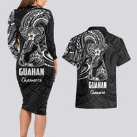 Black Guam Latte Stone Tribal Tattoo Couples Matching Long Sleeve Bodycon Dress and Hawaiian Shirt Hafa Adai Six 7 One