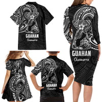Black Guam Latte Stone Tribal Tattoo Family Matching Long Sleeve Bodycon Dress and Hawaiian Shirt Hafa Adai Six 7 One LT9 - Polynesian Pride