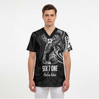 Black Guam Latte Stone Tribal Tattoo Scrub Top Hafa Adai Six 7 One - Polynesian Pride