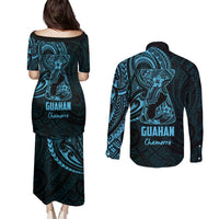 Blue Guam Latte Stone Tribal Tattoo Couples Matching Puletasi and Long Sleeve Button Shirt Hafa Adai Six 7 One