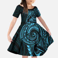 Blue Guam Latte Stone Tribal Tattoo Family Matching Mermaid Dress and Hawaiian Shirt Hafa Adai Six 7 One LT9 Daughter's Dress Blue - Polynesian Pride