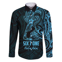 Blue Guam Latte Stone Tribal Tattoo Family Matching Mermaid Dress and Hawaiian Shirt Hafa Adai Six 7 One LT9 Dad's Shirt - Long Sleeve Blue - Polynesian Pride