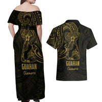 Gold Guam Latte Stone Tribal Tattoo Couples Matching Off Shoulder Maxi Dress and Hawaiian Shirt Hafa Adai Six 7 One