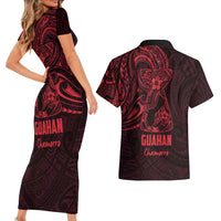 Oxblood Guam Latte Stone Tribal Tattoo Couples Matching Short Sleeve Bodycon Dress and Hawaiian Shirt Hafa Adai Six 7 One