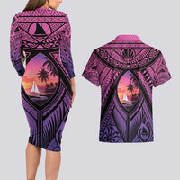 Guam Chamorro Artsy Couples Matching Long Sleeve Bodycon Dress and Hawaiian Shirt Guahan Sunset Beach